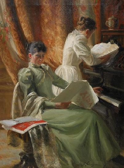 Emil Lindgren Interior med musicerande kvinnor vid pianot China oil painting art